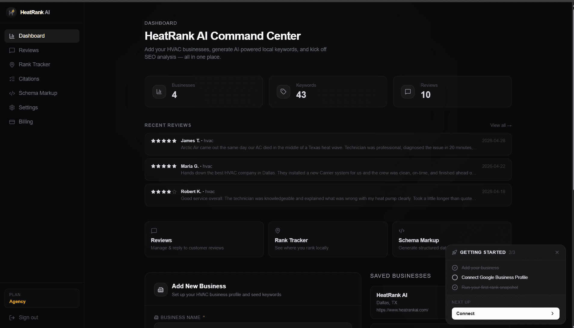 HeatRank AI dashboard — HVAC SEO software showing keyword research, review management, and rank tracking